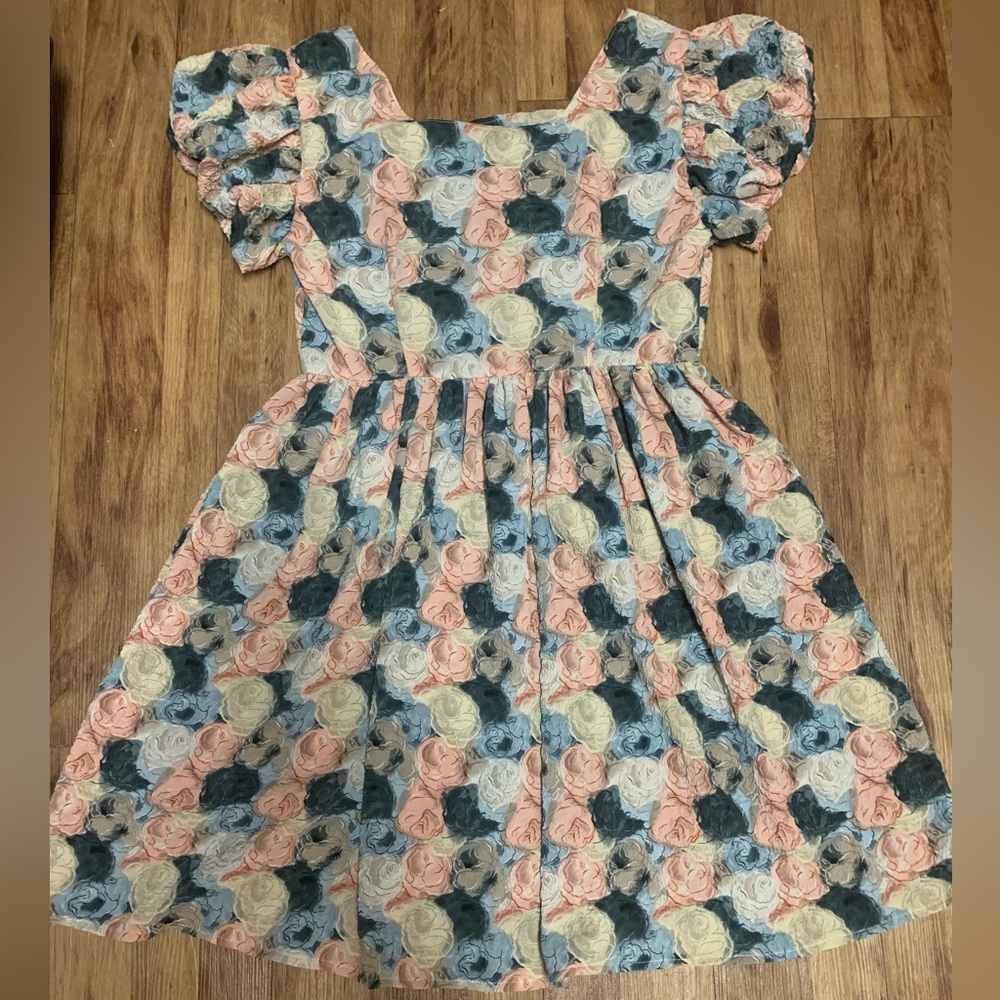 POL Multicolor Floral Dress Puffed Sleeves Textured Fabric  New Without Tags